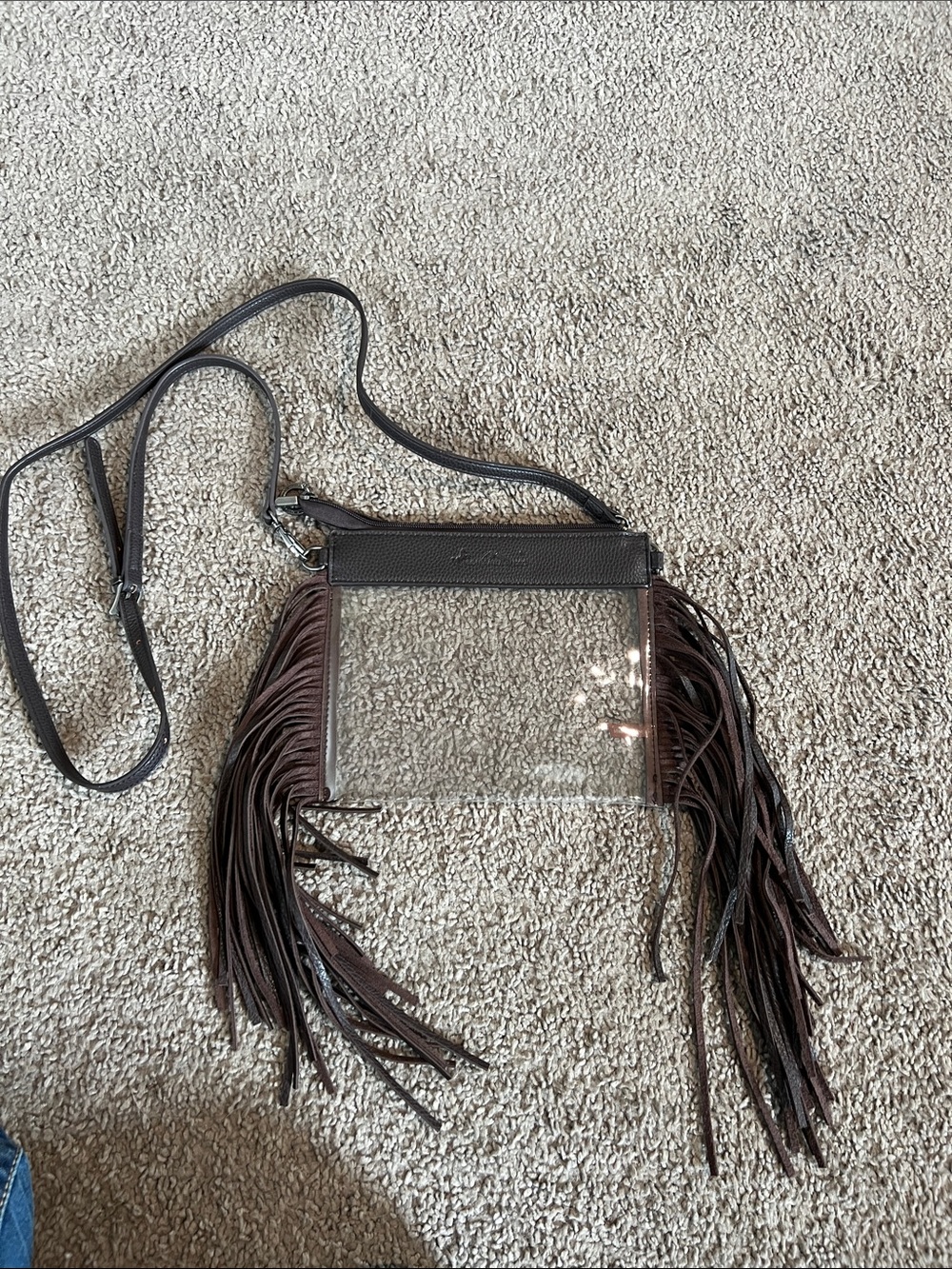 Montana West Clear Crossbody Bag with Dark Brown Fringe